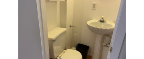 a bathroom with a toilet, sink and mirror