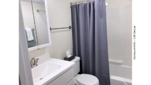 Bathroom with vanity, medicine cabinet, toilet, and shower and tub combo