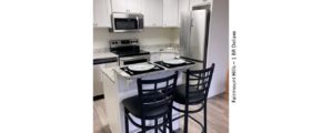 Kitchen with white cabinets, stainless steel appliances and granite-style counter tops