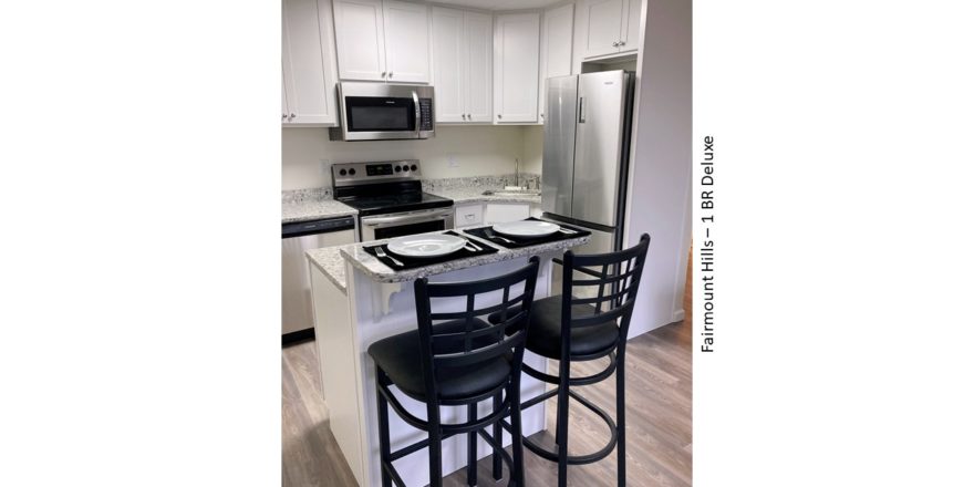 Kitchen with white cabinets, stainless steel appliances and granite-style counter tops