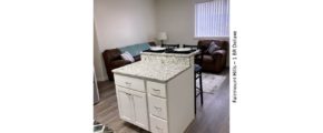 Kitchen island and furnished living room