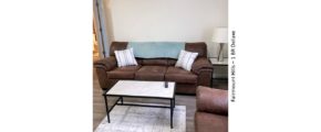 Living room with sofa, loveseat, coffee table, end table and decor