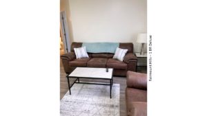 Living room with sofa, loveseat, coffee table, end table and decor