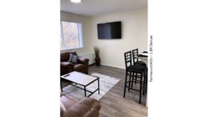 Living room with arm chair, barstools, potted plant, tv, and decor