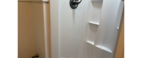 a bathroom with a toilet and a shower