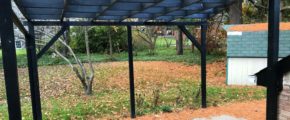 Back yard with patio, storage shed and pergola