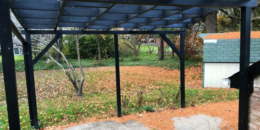 Back yard with patio, storage shed and pergola