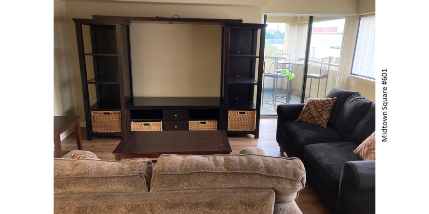 a living room with couches and a flat screen tv