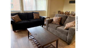 a living room with two couches and a coffee table