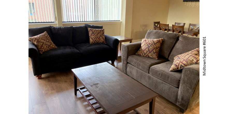 a living room with two couches and a coffee table