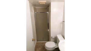 Basement bathroom with showers stall and toilet