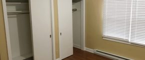 Bedroom with two closets, window, and laminate, hardwood-style flooring