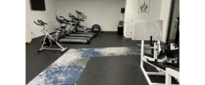 a row of exercise bikes in a gym