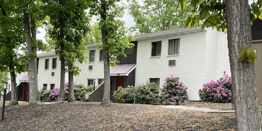 back exterior of galenwood showing a white painted building surrounded by trees, flowers and bushes