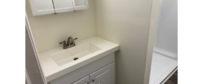 a bathroom with a sink, mirror and shower stall