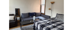a living room with a couch and a bed