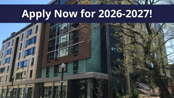an apartment building with the words apply now for 205 - 2077