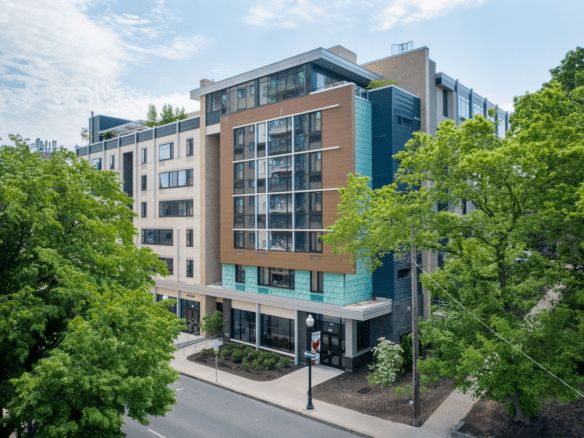 Modern apartment building with trees