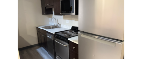 a kitchen with a refrigerator, stove, sink and microwave