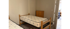 a bed room with two beds and a dresser