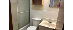 a bathroom with a toilet, sink, and shower