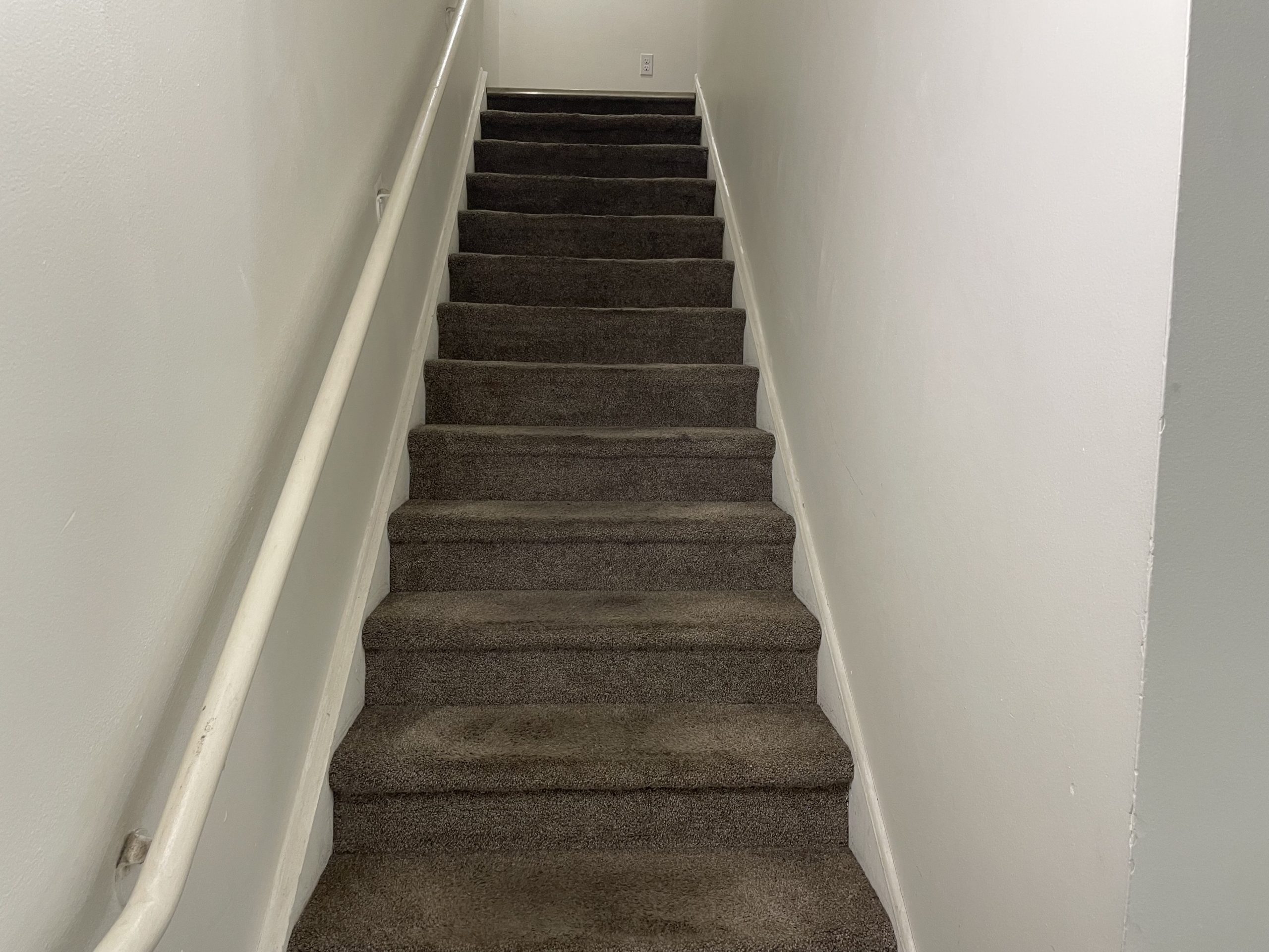Carpeted stairs leading up inside townhouse