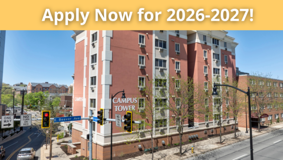 a red brick apartment building with a sign that says apply now for 2020 - 2021