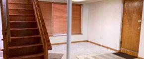 Basement den with carpet and wooden stairwell in the middle of the room