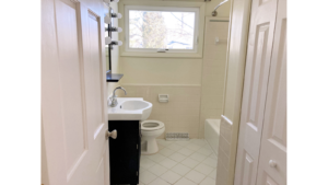 Bathroom with vanity, toilet, and tub/shower combo