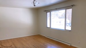 Unfurnished living room with wood floors and ceiling lighting fixture