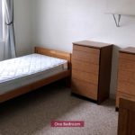 Carpeted bedroom with two twin beds, shelving, and wooden chests of drawers