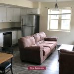 Living room and kitchen with stainless steel appliances, white cabinets, couch, love seat, accent tables, and dining table