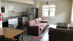 Living room and kitchen with stainless steel appliances, white cabinets, couch, love seat, accent tables, and dining table