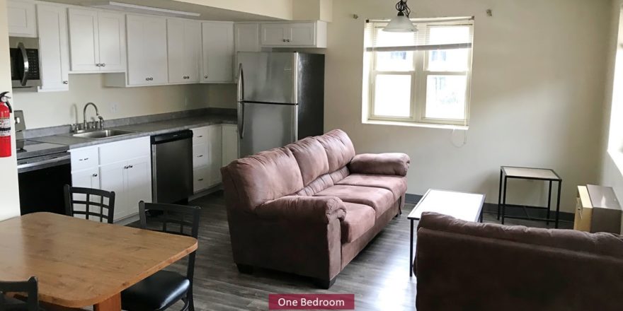 Living room and kitchen with stainless steel appliances, white cabinets, couch, love seat, accent tables, and dining table