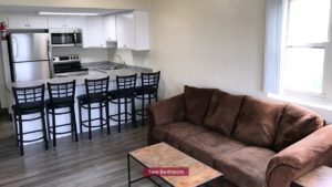 Kitchen with stainless steel appliances, white cabinets and bar seating. Living Room with couch and coffee table.