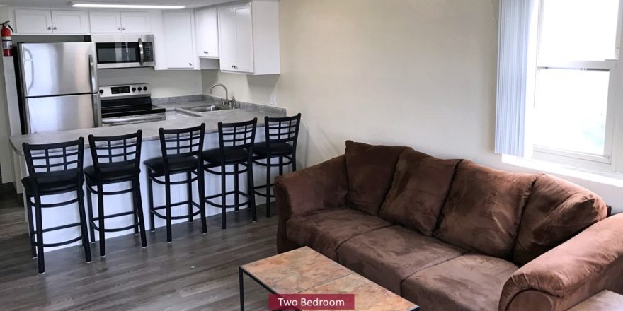 Kitchen with stainless steel appliances, white cabinets and bar seating. Living Room with couch and coffee table.