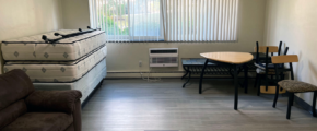 a living room filled with furniture and a bed. Gray LVP on floor