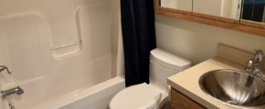 a white toilet sitting next to a bath tub