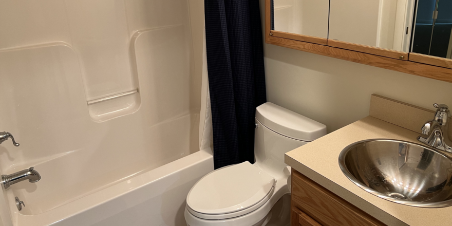 a white toilet sitting next to a bath tub