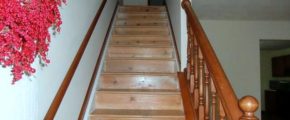 Wooden staircase with handrails on both sides
