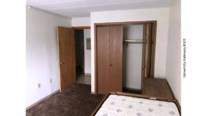 Carpeted, furnished bedroom with dresser, bed, and closet