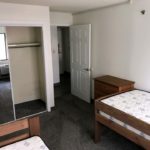Carpeted, furnished bedroom with 2 dressers and 2 beds and a closet