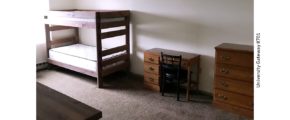 Carpeted bedroom with bunk bed, desk with chair, and two dressers