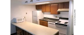 Kitchen with wood-tone cabinets, beige and gray counter tops, barstools, and white appliances