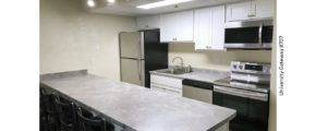 Kitchen with white cabinets, light gray countertops, barstool seating, and stainless steel appliances