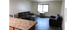 Living room with LVT flooring, end table, coffee table, window, AC unit, loveseat, and sofa