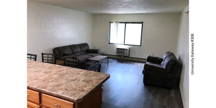 Living room with LVT flooring, end table, coffee table, window, AC unit, loveseat, and sofa