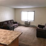 Carpeted living room with window, AC unit, loveseat, and sofa