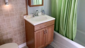 Bathroom with vanity, mirror, toilet, and tub/shower combo