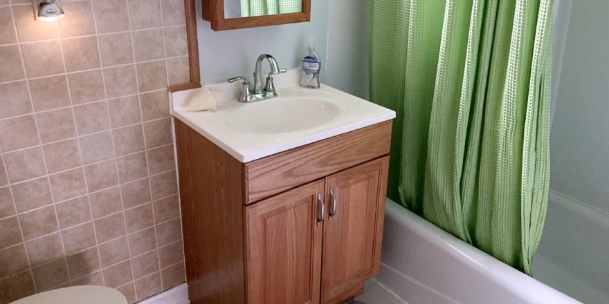 Bathroom with vanity, mirror, toilet, and tub/shower combo